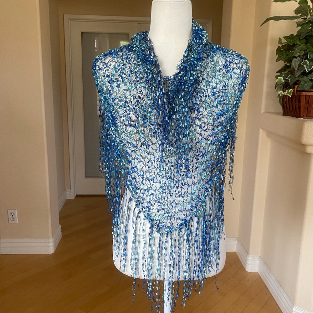Handmade Crocheted Fringed Blue Women's Wrap - Picture 2 of 8